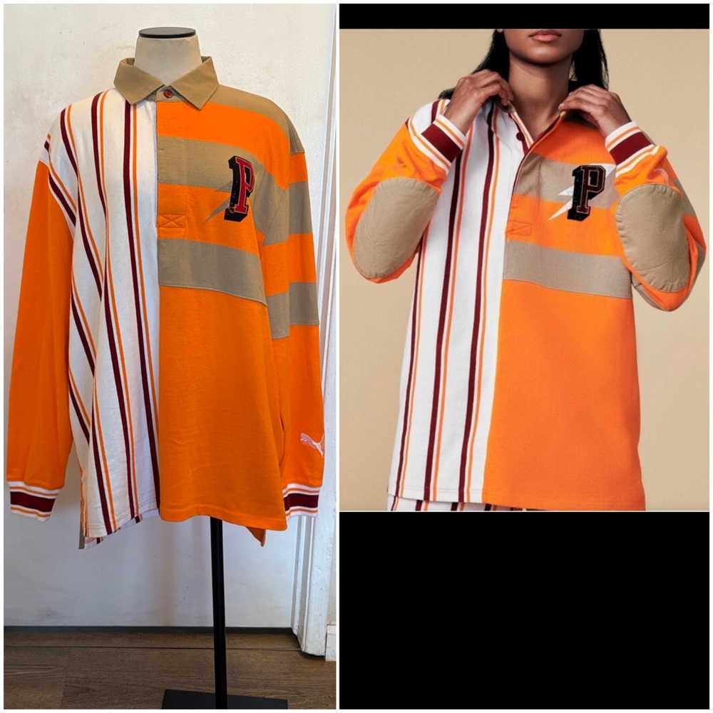 PUMA Orange Tan White Burgundy Striped Collegiate Logo Collared Shirt $95 NWT M